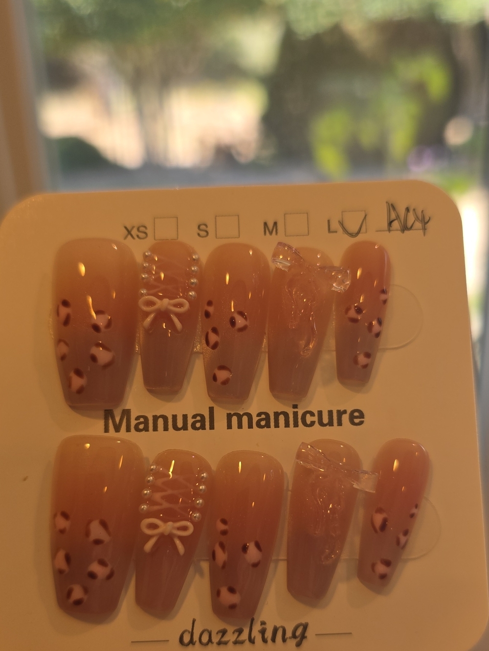 Dazzling Nude Pink Leopard Press-On Nail Set with Bows Size Large